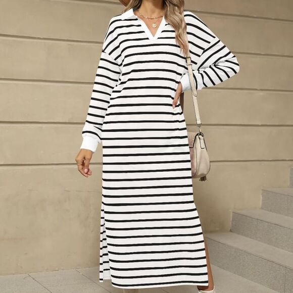New Merokeety Striped Dolman Sleeve V-Neck Large Dress | Casual Relaxed Fit Maxi - Picture 1 of 3